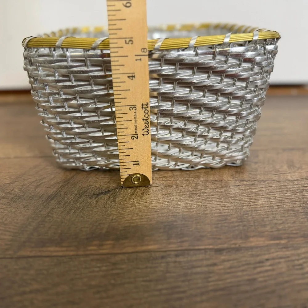 Vintage Woven Metal Wire Basket Silver Gold Trim Square Made in India 9.5 x 5 in